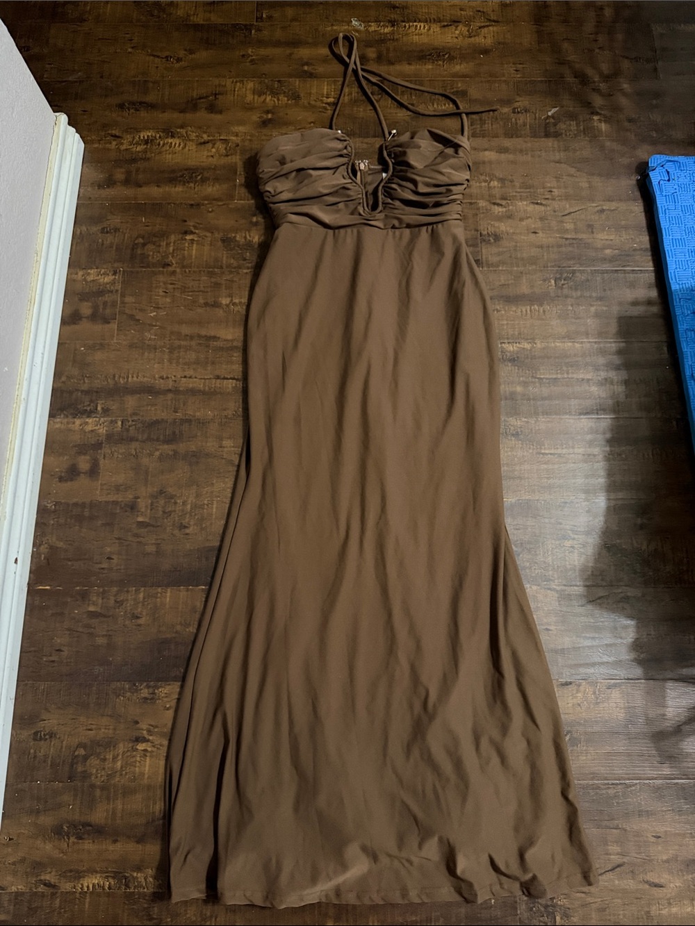 12th Tribe Brown Halter Ruched Maxi Dress
